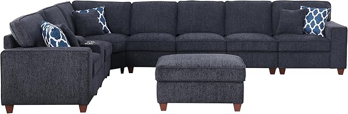 ERYE 151-Inch U-Shaped Sectional Sofa Chenille Upholstered Corner Convertible Sectional,9 PCS Modular Couch with Ottoman,Storage Console, Cupholders and Charging Station