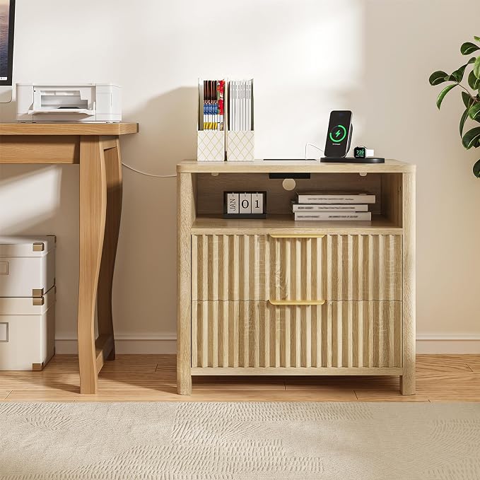 CypBed 23.8" Wide Fluted Nightstand with Charging Station, 24'' Tall Modern Wood Night Stand with 2 Drawers, Bedside Table with Curved Profile Design, End Table for Bedroom, Natural Oak, 1 Pcs - Image 7
