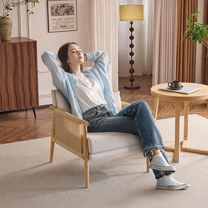 VINGLI Boho Braid Accent Armchair,Mid-Century Modern Chiar with Solid Wooden Armrest,Comfy Louge Cushion Chair with Waist Pillow for Bedroom,Living Room,Reading Room, Beige