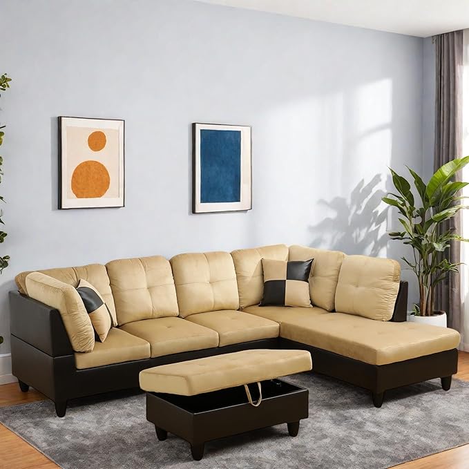 Sectional Couches for Living Room Furniture Sets, 4 Seat L Shaped Couches with Ottoman, Modular Sectional Sofa for Apartment Furniture Sets, Beige and Brown