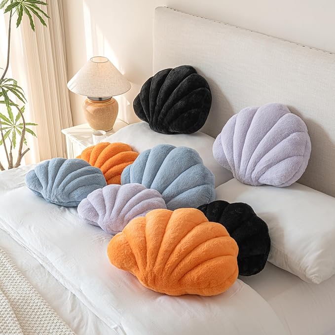 Shell Pillow, Seashell Throw Pillow with Soft Rabbit Plush for Couch Bed, Shell Shaped Decorative Ocean Pillow Stylish Beach Cushion Room Aesthetic Home Decor (Lavender Purple, 18 X 13 Inches)