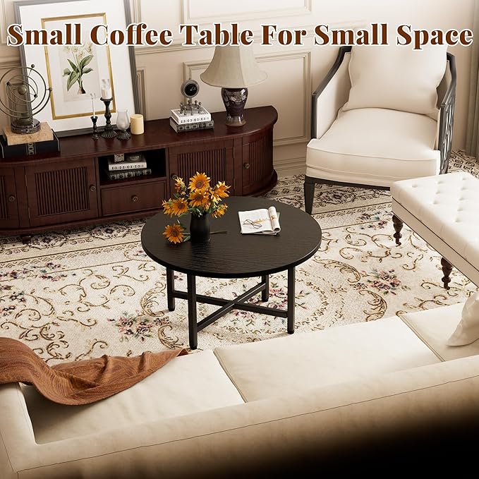Coffee Table, 23.6" Small Coffee Tables, Black Round Coffee Tables for Living Room, Floor Table for Sitting on The Floor, Center Coffee Table with Metal Frame for Office Apartment Home