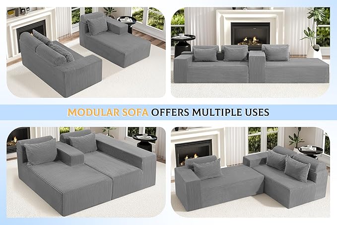 Homguava Modular Sectional Couches for Living Room,105" Cloud Couch with L-Shape Chaise,Comfy Sofa Living Room Sofas with Deep Seat,No Assembly L Couch,Corduroy Fabric(Light Grey,R)