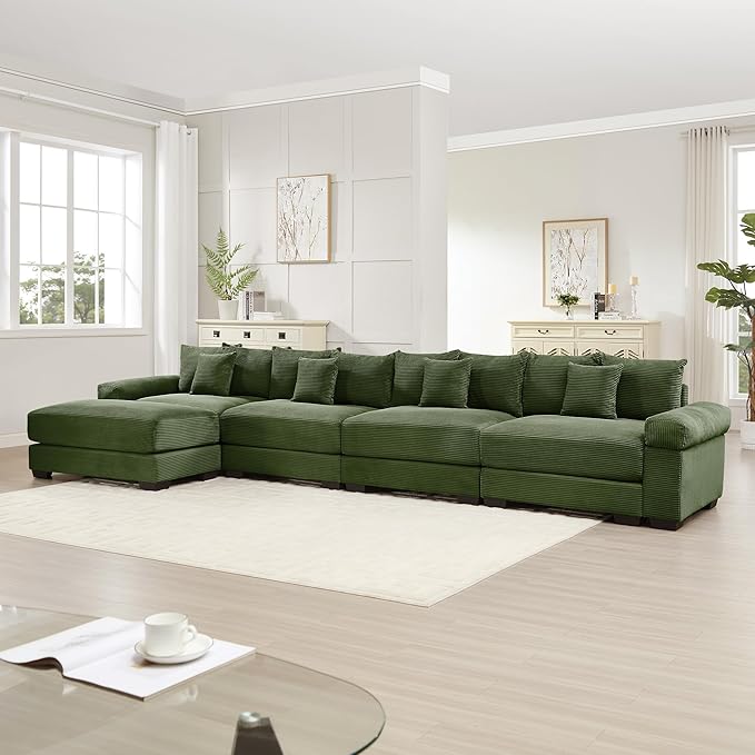 KEIKI 168" L-Shaped Oversized Corduroy Modular Cloud Sectional Sofa with 1 Ottoman, High-Density Foam Cushion, Extra-Thick Armrest, 4-Seater Fluffy Corner Couch with 12 Pillow, for Living Room, Green