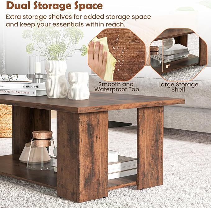 Giantex Rectangle Wood Center Table, 41" L 2-Tier Large Modern Tea Table w/Open Compartment, Easy Assembly, Accent Coffee Table for Living Room, Reception Room, Rustic Brown