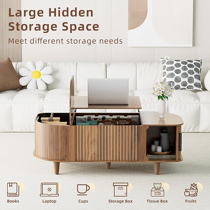Lift Top Coffee Table, Oval Mid Century Modern Center Table with 3 Hidden Storage, 41" Coffee Tables with Sliding Door and Open Cabinet for Living Room Bedroom Office, Walnut Wood
