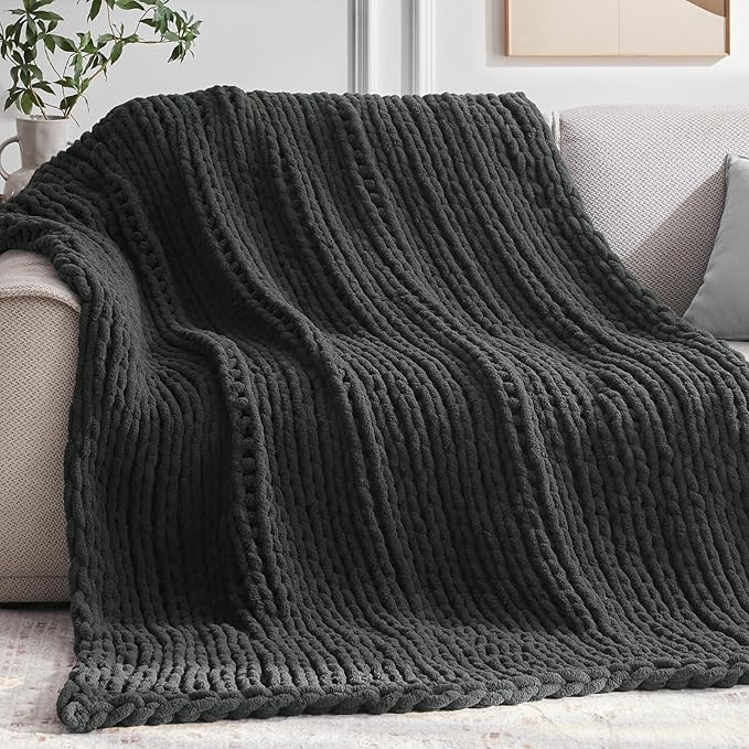 Negwoo Chunky Knit Throw Blanket, 60''*80'' Knitted Throw Chenille Yarn for Bed Couch, Handmade Dark Grey Crochet Big Thick Blanket, Machine Washable Cute Comfy Blanket for Home Decor