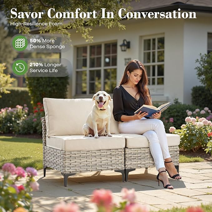 ovios 7 Piece Outdoor Patio Furniture with Glowing Coffee Table, Rattan Wicker Conversation Set with Sofa, Sectional Single Chairs for Outside Porch Balcony Backyard Pool,Beige