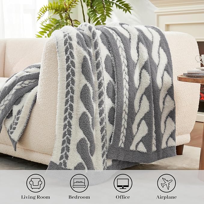 Amélie Home Cable Knit Throw Blanket for Couch, Super Soft Fuzzy Cozy Throw, Giftable Knitted Blanket for Women Men, Birthday, Sofa Bed Living Room Decor, 50" x 60", Cable Grey & White