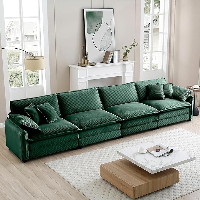 KEIKI 150" Oversized Corduroy Modular Sectional Cloud Sofa with High-Density Foam Cushions, Removable Armrests, Upholstered Modern 4-Seater Fluffy Corner Couch with 6 Pillow, for Living Room, Green
