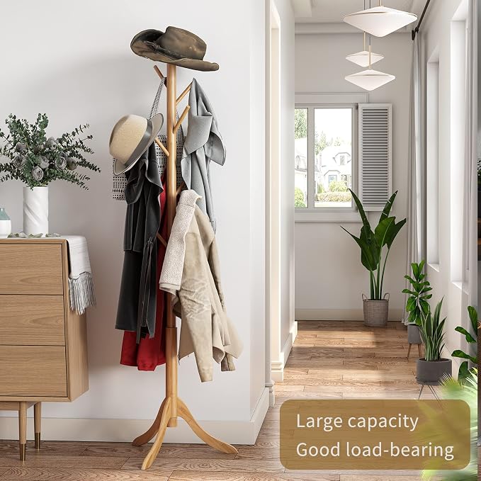 Coat Rack Freestanding, Coat Stands Entryway, Bamboo Coat Rack Hat Hanger 8 Hook for Jacket, Purse, Scarf Rack, Umbrella Tree Stand (Natural) - Image 2