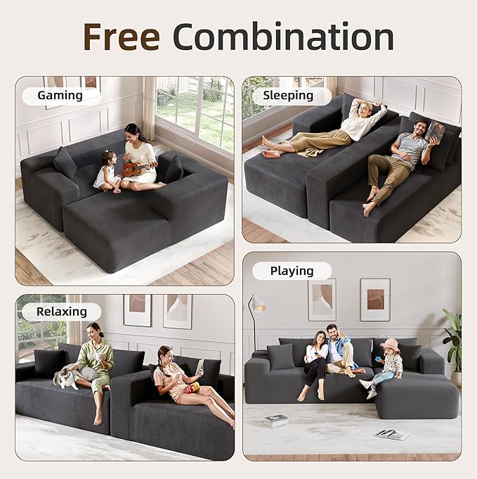 L-Shape Cloud Sectional Sofa, 104” Modern Modular Boneless Couch with Right Chaise Lounge, Compressed Floor Sofa with Pillows & Deep Seat, Flannel Velvet Couch for Living Room, Dark Gray