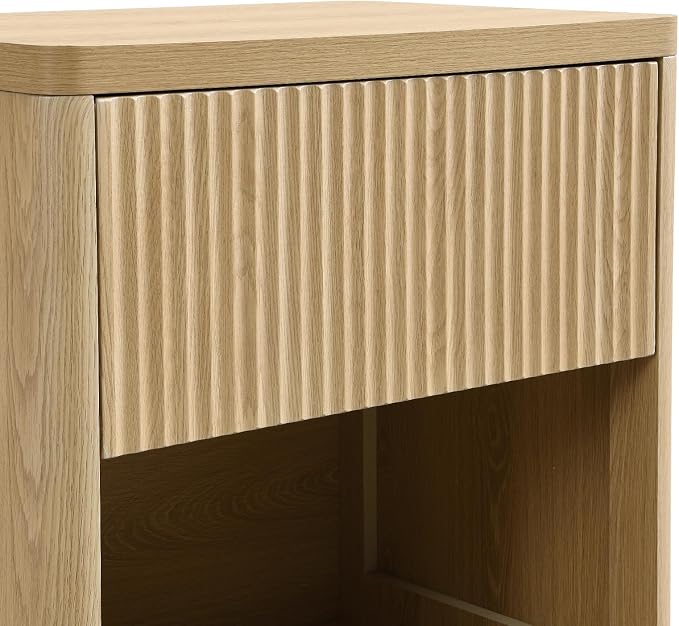 XIAO WEI Set of 2 Natural Wood Fluted Nightstands with Hidden Drawer, 22.8" Wide Mid Century Modern Bedside Table with Open Shelf, Large Accent End Table, Curved Safety Design - Image 9