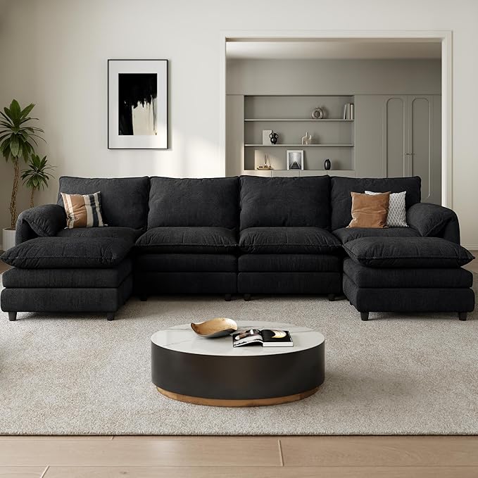 DWVO 142" Modular Sectional Sofa, Modern U Shaped Couch with Movable Ottoman, Pillow-Armrest, Velvet 6 Deep Seat Cloud Couch for Living Room, Black