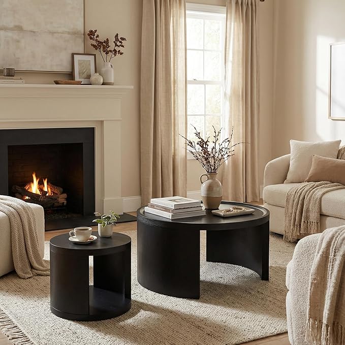 Round Nesting Coffee Table Set of 2, Black Coffee Table, 31.5" Large & 18" Small Low Tables with Wood Top, Center Table for Living Room, Bedroom, Minimalist Center Table Set