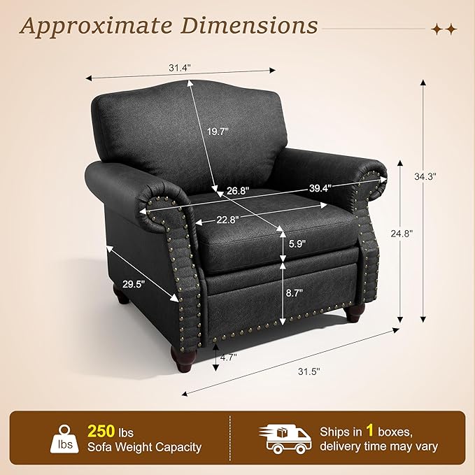 Single Sofa Chair, Faux Leather Nailhead Armchair, Rolled Arm Accent Chair for Living Room, Wood Legs, Traditional Single Couch Chair for Apartment, Farmhouse (Black, Set of 2)