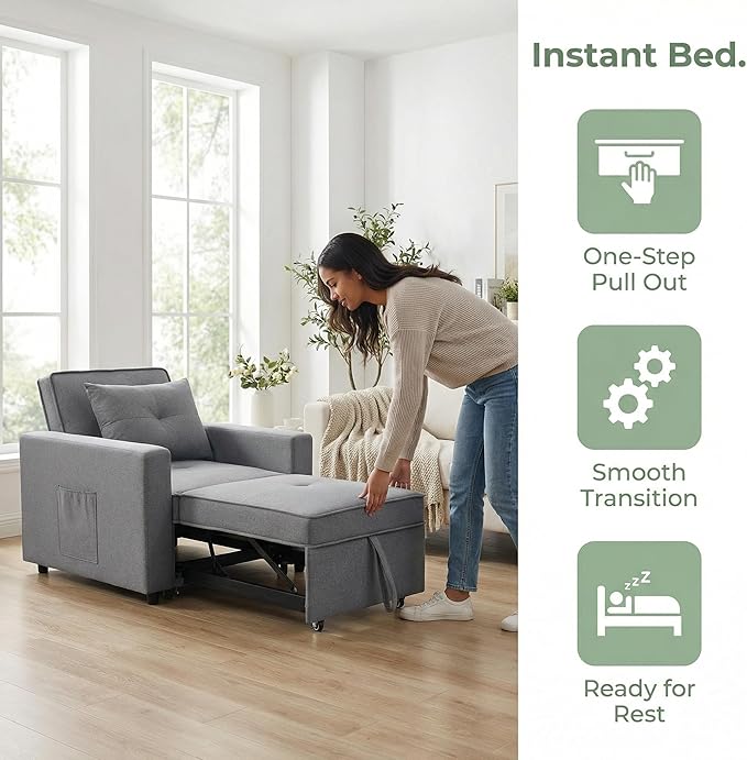 3-in-1 Convertible Sleeper Chair, Sleeper Sofa Bed with Side Pocket, Lazy Sofa Bed with Adjustable Backrest, Recliner Chair for Living Room, Apartment, Dorm, or Office, Gray
