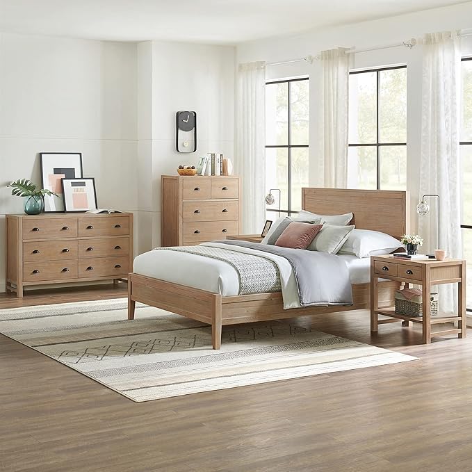 Arden 5-Piece Bedroom Set - Queen Bed, Two 2-Drawer Nightstands with Open Shelf, 5-Drawer Chest, 6-Drawer Double Dresser, Solid Pine Wood, Light Driftwood Finish, Modern Rustic Style