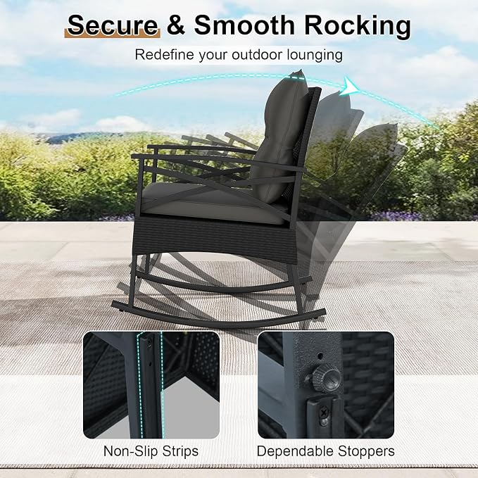 Tangkula 3 Pieces Outdoor Rocking Chairs Set, Rattan Heavy Duty Cushioned Rocker Chairs with 2-Tier Tempered Glass Coffee Table, for Garden, Balcony, Backyard (Black+Gray) - Image 4