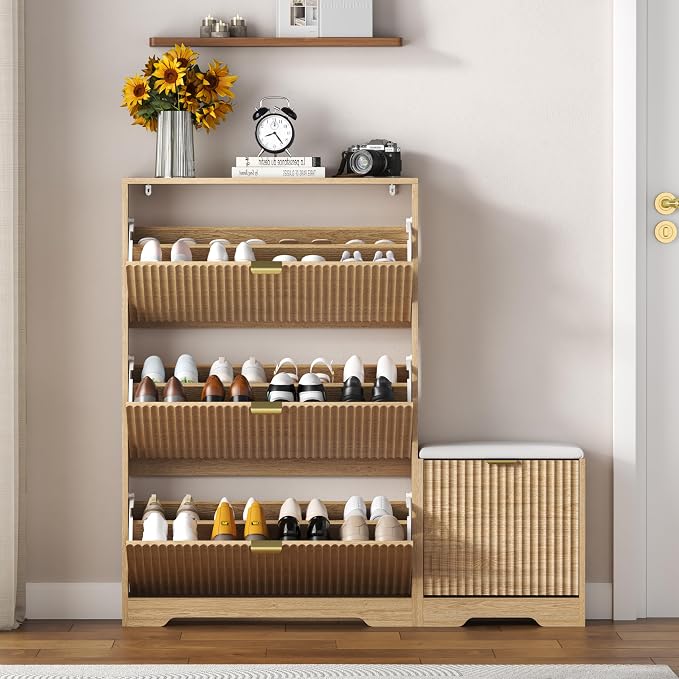 HUANLEGO Shoe Cabinet Storage for Entryway with 4 Flip Drawers, Oak Fluted Shoe Cabinet with Bench, Wooden Hidden Shoe Rack Freestanding Narrow Slim Shoes Storage Organizer for Hallway, Entrance - Image 3
