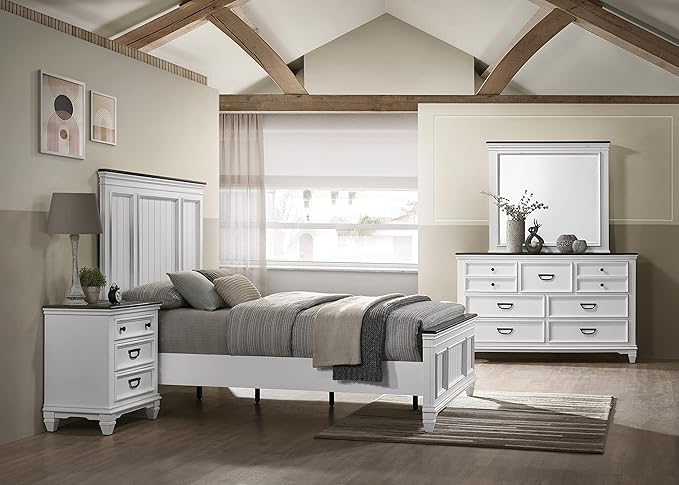 Clelane Wood Bedroom Set with Shiplap Panel Queen Bed, Dresser, Mirror, and Two Nightstands in Weathered White and Dark Gray