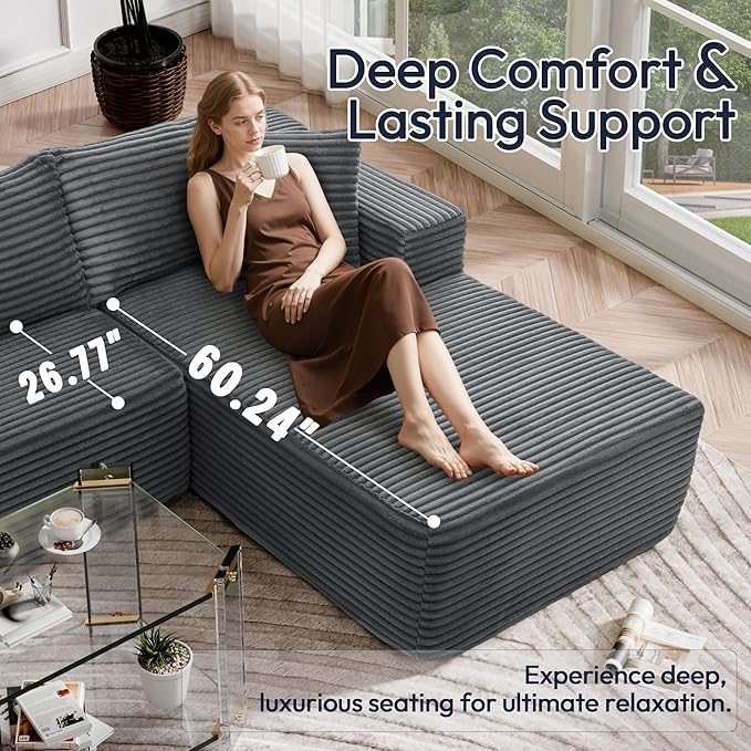 Cloud Sectional Couch, 105" Modular Sectional Sofa with Left Chaise Lounge, Modern Modular L-Shape Sofa with Pillows & Deep Seat, Boneless Couches for Living Room Bedroom, Dark Grey