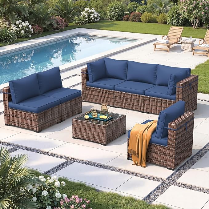 Amopatio Patio Furniture Set with Waterproof Cover, Modular Outdoor Sectional 7 Piece Wicker Patio Set, Multiple Combinations Outdoor Sofa w/Coffee Table, Navy Blue
