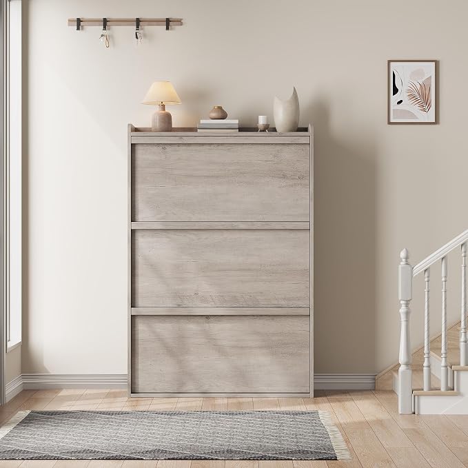 GarveeHome Shoe Cabinet with 3 Flip Drawers, Wooden Shoe Organizer Cabinet with Adjustable Shelf, Shoe Storage for Entryway, Hidden Shoe Cabinet for Hallway, Living Room, Grey - Image 3
