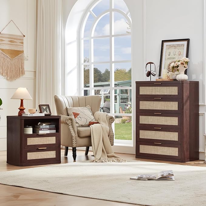 LEYAOYAO Rattan Dresser for Bedroom Set 2, 41" Tall Chest of Drawers, Modern 5 Drawers Boho Dressers with Storage, Light Oak Dresser Wooden Closet Organizer for Living Room, Hallway, Retro Walnut - Image 6