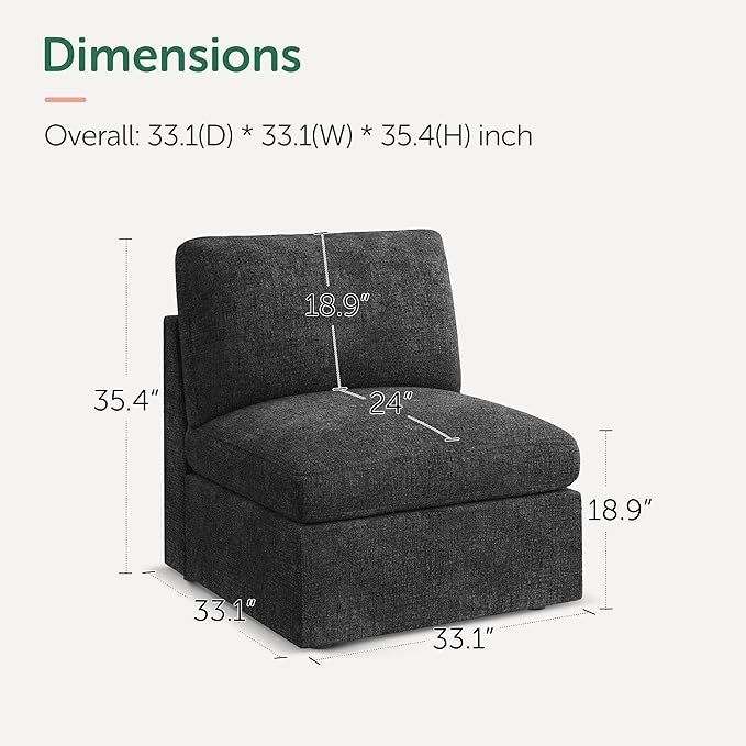 HONBAY Chenille Fabric Middle Module for Modular Sectional Sofa, Armless Accent Chair with Storage Seat, Grey