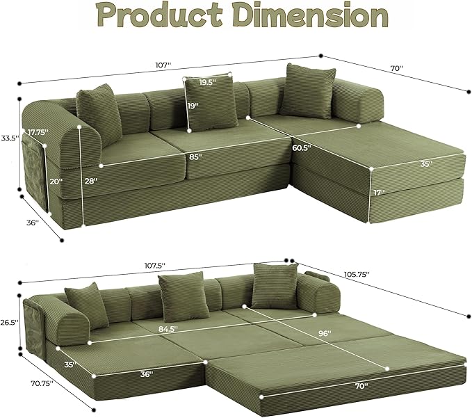 106.3" L Shape Convertible Sleeper Sofa Bed, Oversized Modular Sectional Cloud Sofa with Fixed-Shape Frame & Storage Pocket, Boneless Couch for Living Room, No Assembly Required, Green