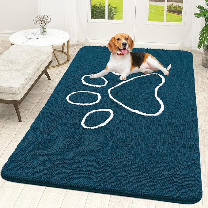 OLANLY Dog Door Mat for Muddy Paws 70x46, Paw Print Design, Absorbs Moisture and Dirt, Absorbent Non-Slip Washable Doormat, Quick Dry Chenille Mud Mat, Entry Indoor Entryway Carpet, Atlantic Blue by OLANLY
