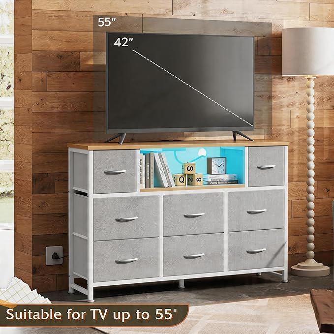 Simple Deluxe TV Stand Dresser with 8 Fabric Drawers and Open Shelves, Entertainment Center with LED Lights & Charging Station, Wood Top for 45" -55" TV, for Bedroom/Living Room/Hallway, Light Gry