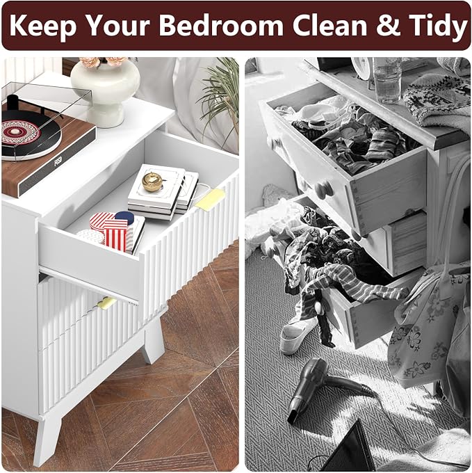 Nightstand with 3 Large Drawers,24" Wide End Table with Curved Metal Handles,Fluted Wood Small Dresser,Bedside Table,Modern Chest of Drawers for Bedroom,Living Room, White - Image 5