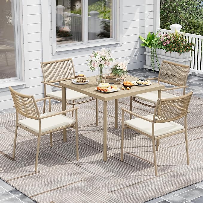 5-Piece Outdoor Dining Set for 4, Rectangle Expandable Table with Umbrella Hole, 4 Wicker Rattan Chairs with Soft Cushion,Patio Dining Set, Conversation Set for Backyard, Garden & Poolside, Beige by Unknown