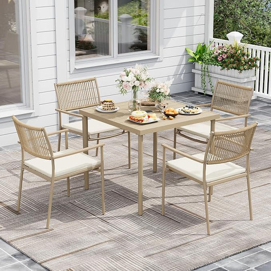 5-Piece Outdoor Dining Set for 4, Rectangle Expandable Table with Umbrella Hole, 4 Wicker Rattan Chairs with Soft Cushion,Patio Dining Set, Conversation Set for Backyard, Garden & Poolside, Beige by Unknown