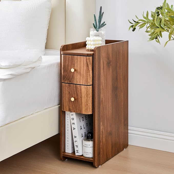 Narrow End Table Bedroom, Wooden Small 2 Drawer Nightstand, Thin Couch Side End Table, Skinny Bedside Table Small Spaces, Mid Century Modern Night Stand with Drawers (Walnut-1 pc) - Image 7