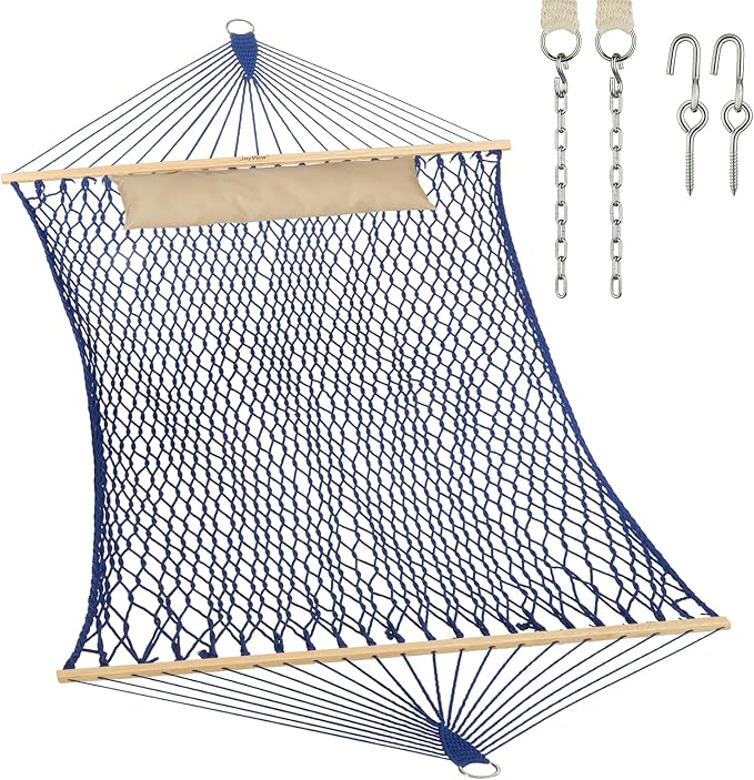JoyView Traditional Rope Double Hammock - Hand Woven Cotton Hammock with Hardwood Spreader Bar and Pillow 450lb Capacity for Outdoor Indoor Patio Yard - Blue by JoyView