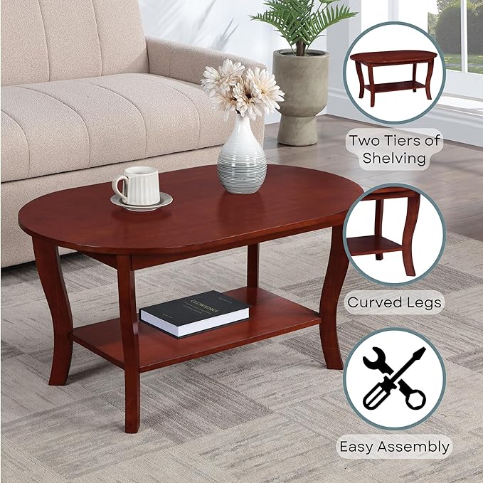 Convenience Concepts American Heritage Oval Coffee Table 36" - Classic Living Room Table with Storage Shelf for Transitional Living Room, Mahogany