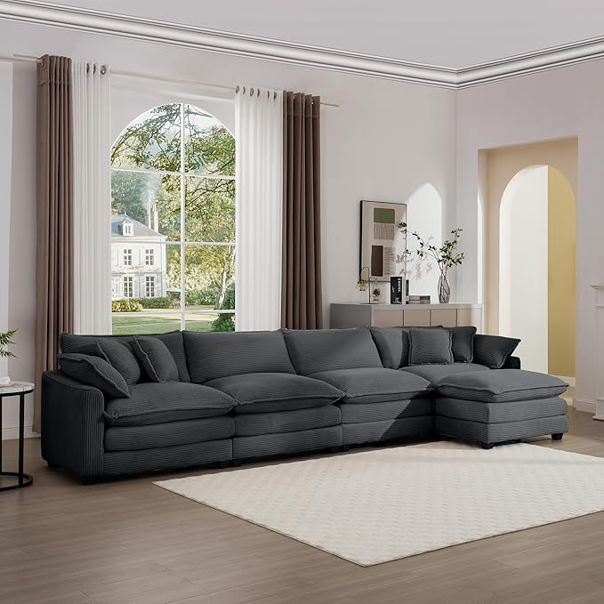 KEIKI 150" L-Shaped Oversized Corduroy Modular Sectional Sofa with 1 Ottoman, High-Density Foam Cushions, Removable Armrests, Upholstered 4-Seater Corner Couch with 6 Pillow, for Living Room, Grey