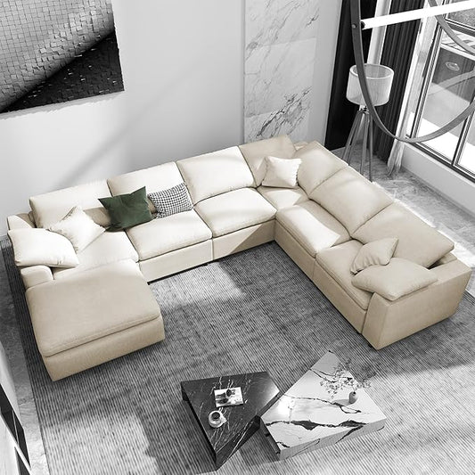 ERYE Oversized Modular Chenille Upholstered Sectional Sofa with Movable Ottoman, 7 Seaters Modular Convertible Couch Spacious Living Room Sofa for Home House Apartment