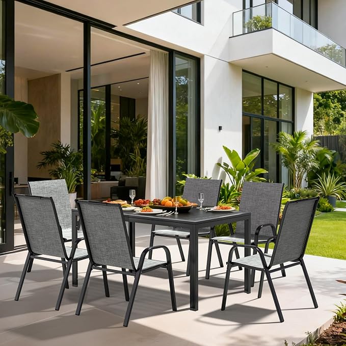 Pamapic Outdoor Dining Sets for 6, Rectangular Steel Slat Table with 6 Textilene Chairs, 7 Piece Patio Table and Chairs Set with Umbrella Hole for Patio, Garden, Backyard and Poolside (Grey) - Image 3