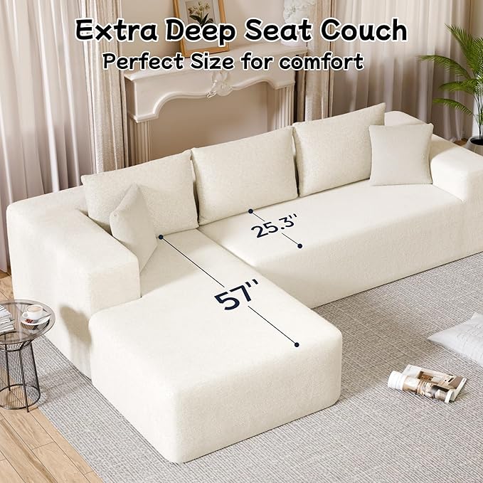 104” Sectional Cloud Couch, L-Shape Compressed Sofa with Right Chaise Lounge, Modular Cloud Couch with 2 Pillows & Deep Seat, Rain Drop Velvet Upholstered Floor Sofa for Living Room, Beige