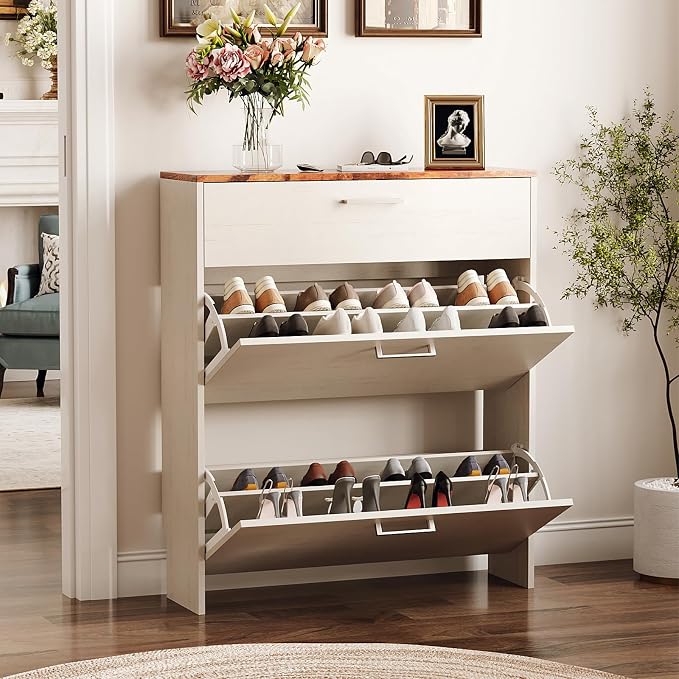 VINGLI Set of 2 Rustic White Shoe Cabinet for Entryway, 2-Pack 31.5" W Extra Wide Slim Shoe Organizer with Vintage Brown Top, Modern Farmhouse Wood Shoes Rack, Narrow Freestanding Cabinet for Hallway - Image 3