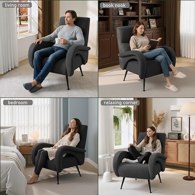 Corduroy Living Room Accent Chairs, Comfy High Back Reading Chair with Curved Arms and Solid Legs, Upholstered Armchair for Bedroom, Reading Nook, Apartment, Dark Grey