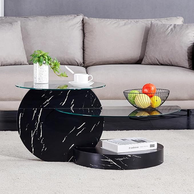 35.4" Glass Coffee Table, Round Coffee Table, 2-Tier Tempered Glass Tabletop with Black Faux Marble Base, Modern Center Table for Living Room, Home, Apartment, Ideal for Small Space