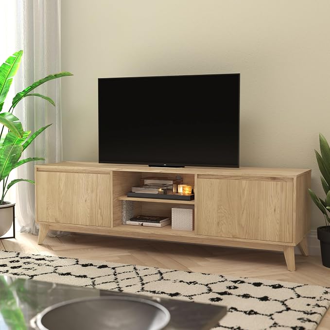 Flash Furniture Hatfield Mid-Century Modern TV Stand for 65+ Inch TV's - Light Natural Laminate Finish - 70" Media Center - Adjustable Center Shelf - Soft Close Doors - Image 2