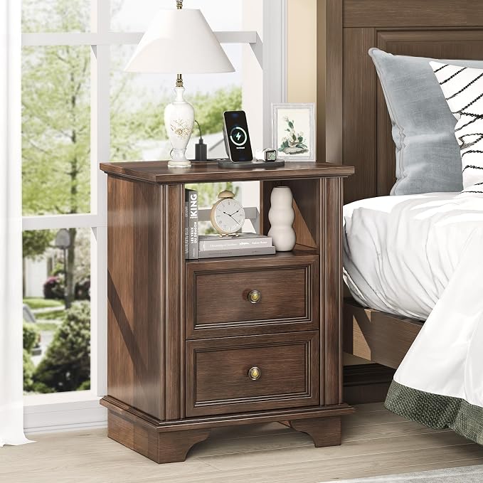 VINGLI 19.7" Nightstand with Charging Station, Wood Nightstand with Drawers, Night Stand for Bedroom, Bed Side Table, End Table, Brown, 19.69" W*13.78" D*25.67" H by VINGLI