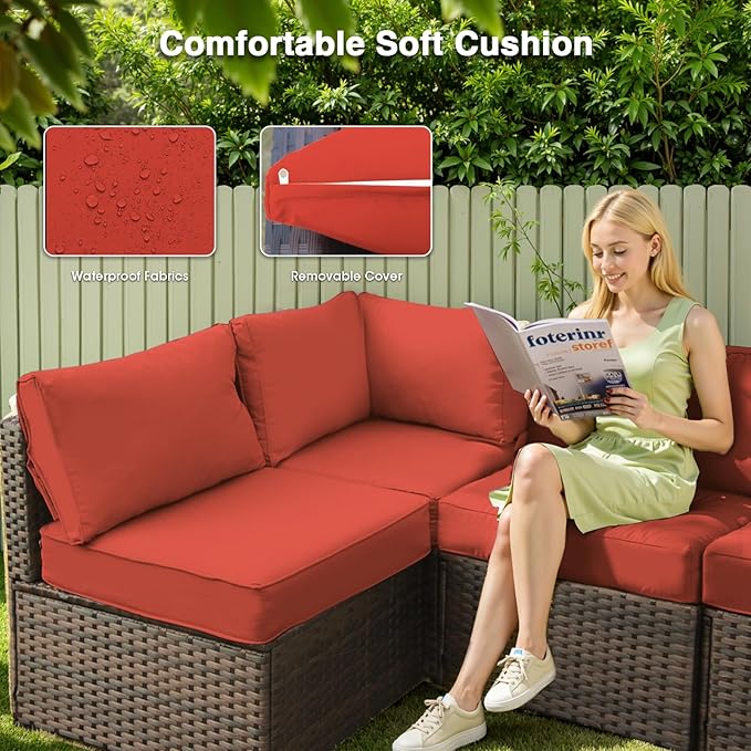 Patio Furniture Set 5 Piece All Weather PE Rattan Outdoor Sectional Sofa Couch with 4 x arm Sofa, No-Slip Cushions and Glass Top Table for Garden, Poolside, Backyard (Red)