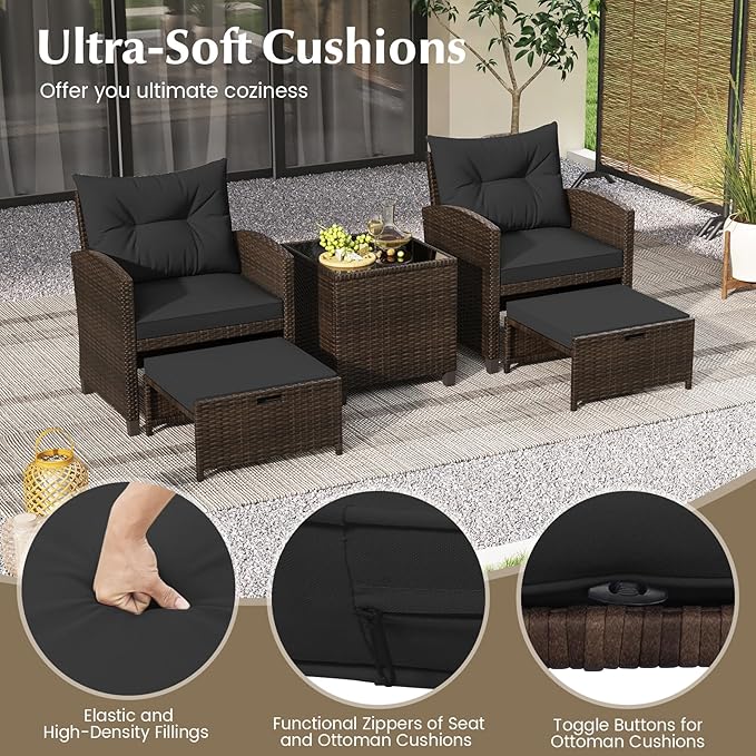 Tangkula 5 Pieces Patio Conversation Set, PE Wicker Rattan Outdoor Furniture Set with 2 Chairs, 2 Ottomans & Tempered Glass Coffee Table, Ideal for Poolside, Backyard, Lawn, Deck, Mix Brown & Black